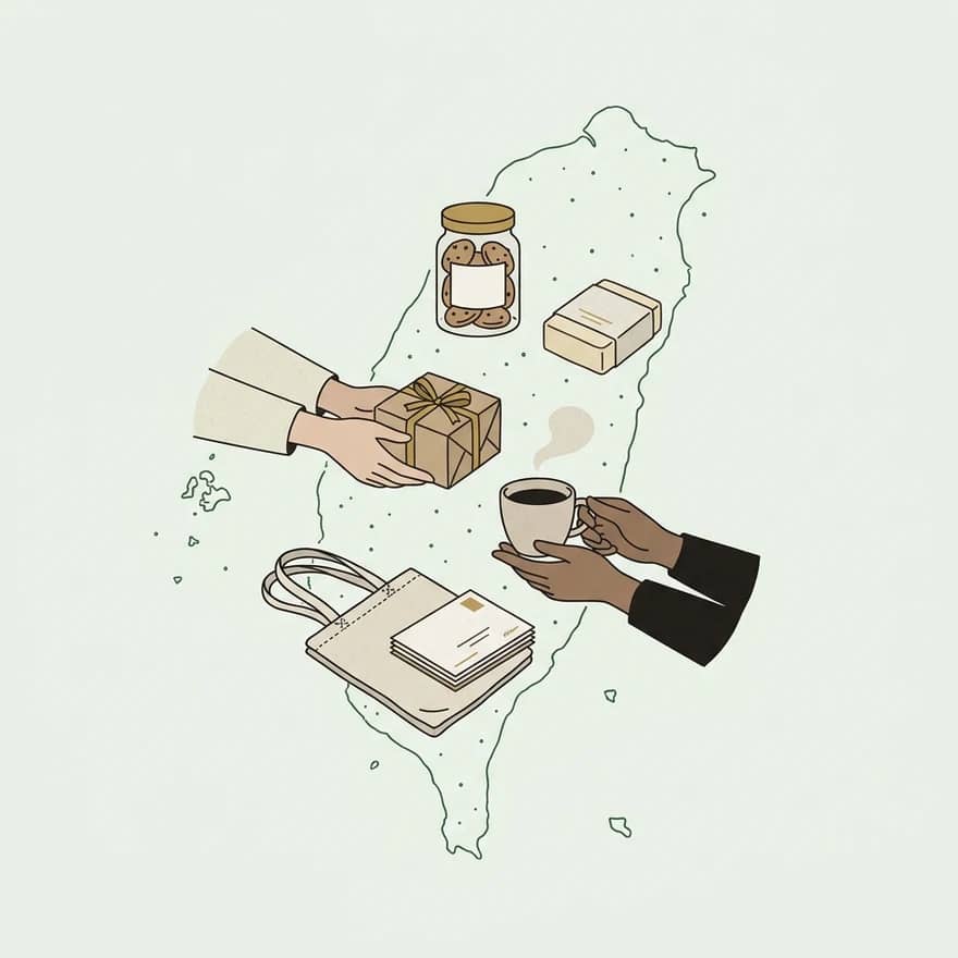 插圖:兩雙手交遞禮盒與咖啡,庇護工場好物散落在台灣島各縣市