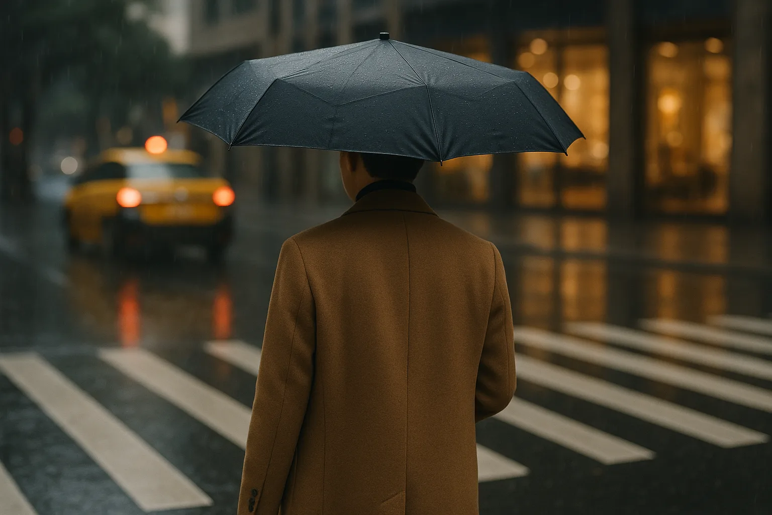 雨中路口撐三折摺疊傘過馬路的行人