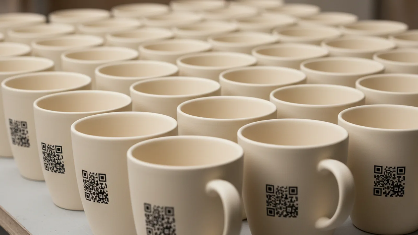 工廠桌上一排排米白馬克杯,每一只同一位置各有一枚 QR