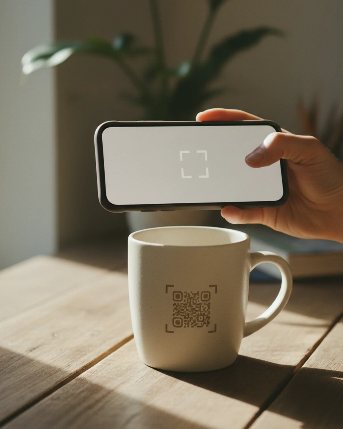 手持手機對著馬克杯上的 QR 掃描