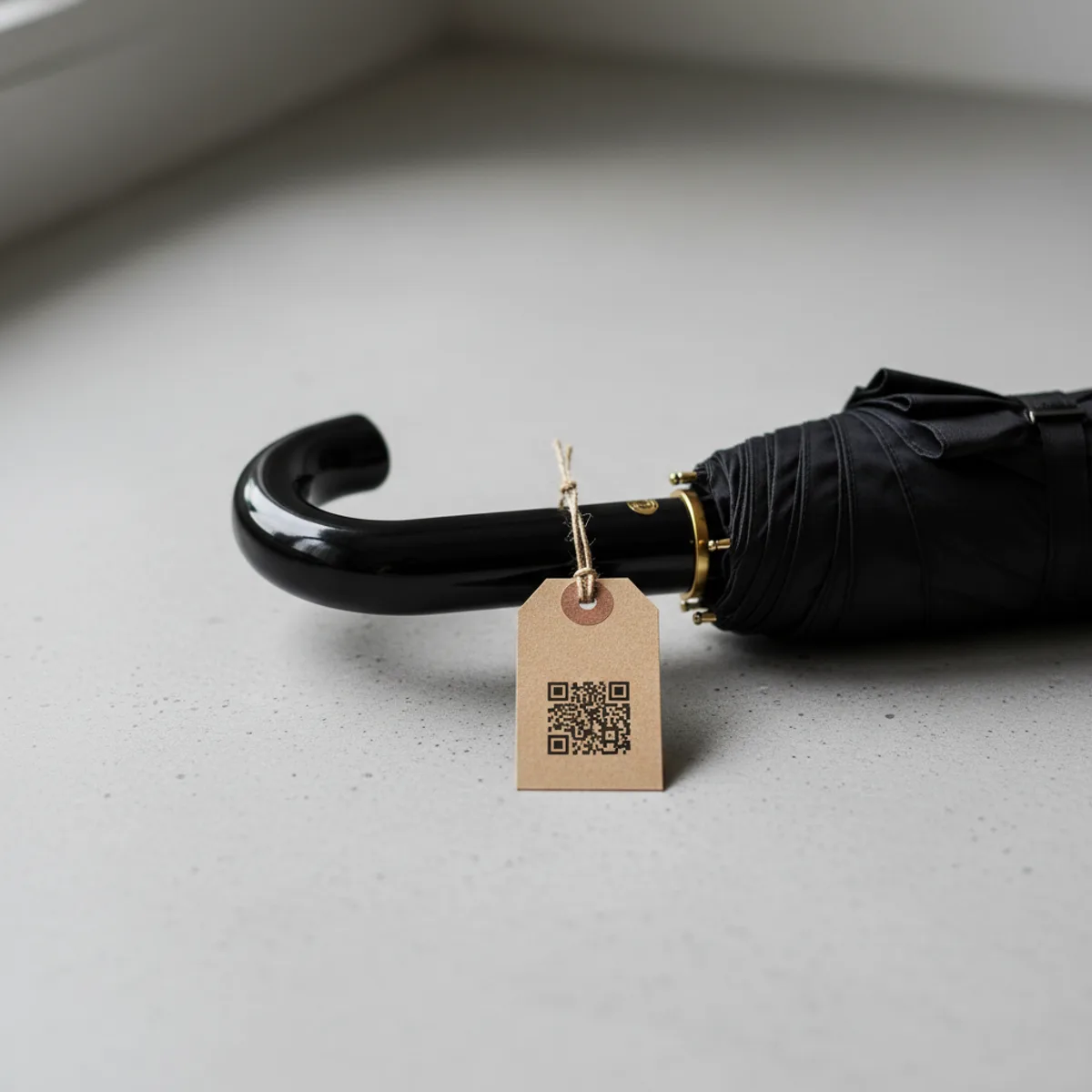 雨傘,把手綁著印 QR 的吊卡