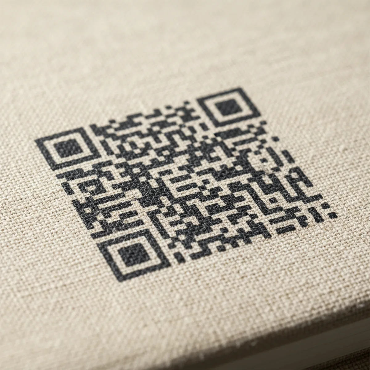 UV 印刷在布面筆記本上的 QR 特寫,墨點浮在織紋上